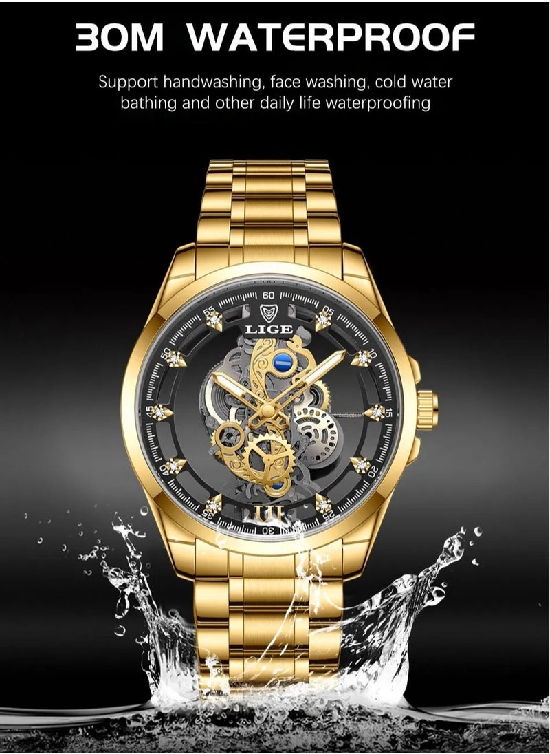 LIGE - Men's Skeleton Quartz Watch, Stainless Steel Waterproof Watch, Durable And Long Lasting Quartz Movement Wrist Watch, Stylish And Comfortable Watch For Men, (All Yellow) - Image 1