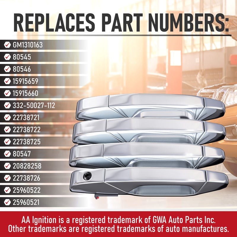 AA Ignition Exterior Chrome Door Handle Set of 4 - Compatible with Chevy, Cadillac & GMC Vehicles - 2007-2014 Silverado, Tahoe, Escalade, Sierra, Yukon, Avalanche - Replaces 15915659, 22738721, 22738722 - Image 3