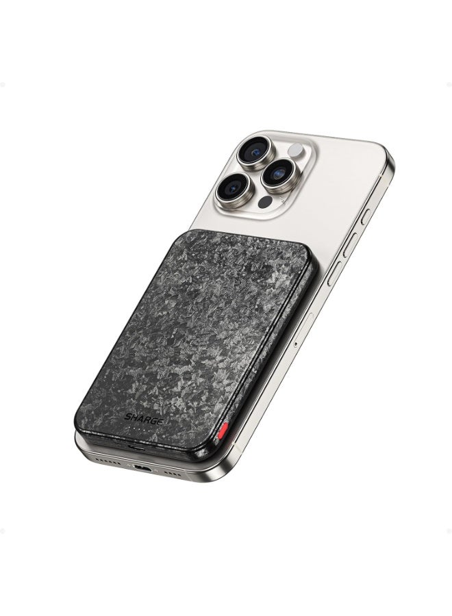 sharge CarbonMag Magsafe Power Bank Slim Magnetic Portable Charger 5000mAh, Lightweight Carbon Fiber 20W PD Fast Charging, Battery Pack for iPhone 17 Pro Max/16/15/14 Series Black - Image 1