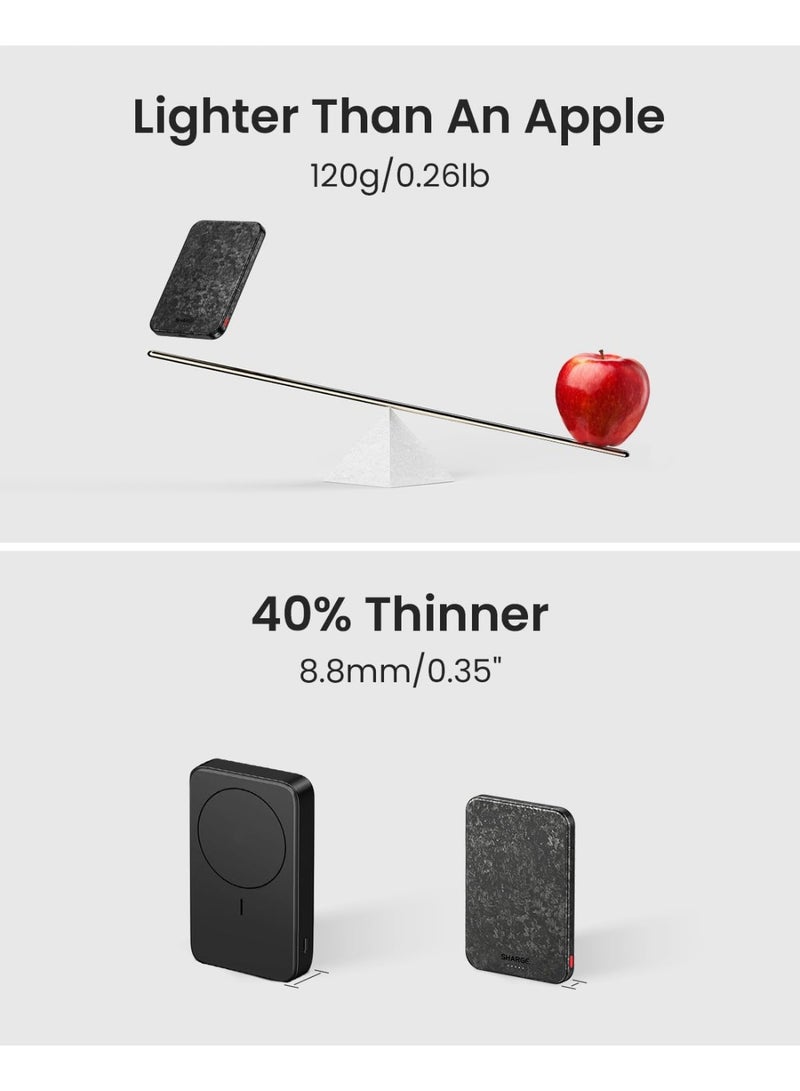 sharge CarbonMag Magsafe Power Bank Slim Magnetic Portable Charger 5000mAh, Lightweight Carbon Fiber 20W PD Fast Charging, Battery Pack for iPhone 17 Pro Max/16/15/14 Series Black - Image 5