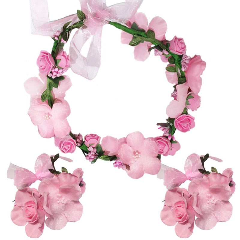 WLBON 3 Pcs Flower Headband Wristbands Rose Floral Leaf Hair Hoops Bands Headpiece Hairband Bracelets Women Xmas Wedding Halloween Parade Hawaiian Cosplay Dress Up Birthday Party Accessories Pink