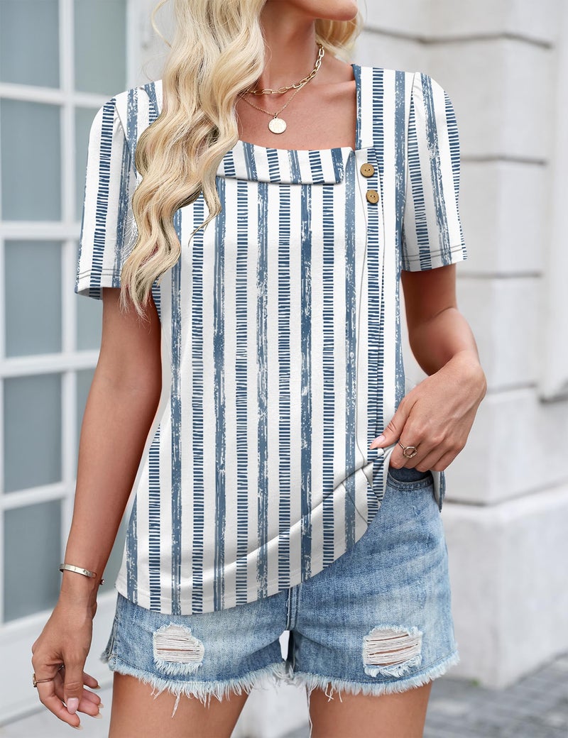 LUYAA Women's Business Casual Blouses Loose Fitting Short Sleeve Tops Women Cute Summer Clothes Dressy Button Blouses Blue Stripes L - Image 3