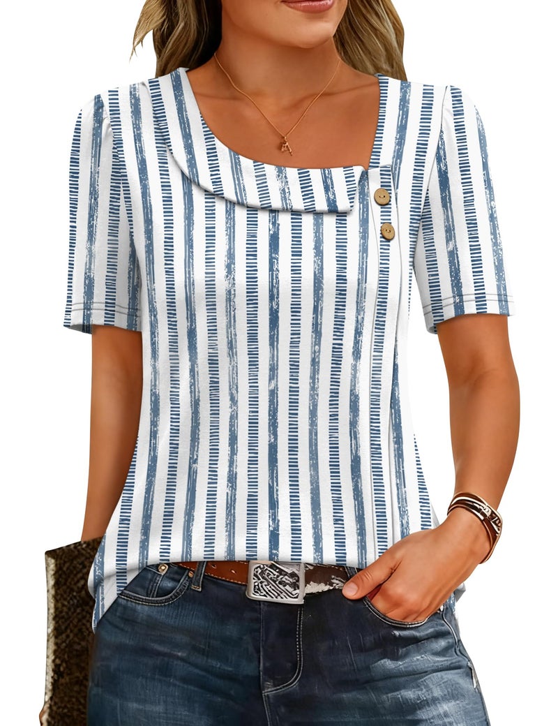 LUYAA Women's Business Casual Blouses Loose Fitting Short Sleeve Tops Women Cute Summer Clothes Dressy Button Blouses Blue Stripes L - Image 1