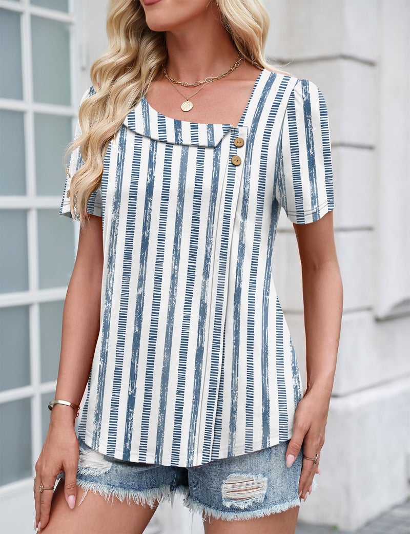 LUYAA Women's Business Casual Blouses Loose Fitting Short Sleeve Tops Women Cute Summer Clothes Dressy Button Blouses Blue Stripes L - Image 2