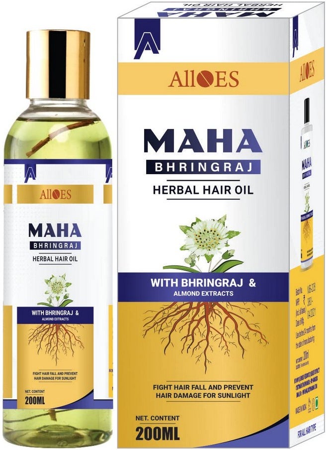 ALLOES PHARMACEUTICALS - ALLOES Mahabhringraj Hair Oil for Hair Growth Bhringraj Oil with Almond, Strengthens Hair Roots, Hair Fall Control, Made of Pure Herbs for Men & Women | Suits all Hair Types 200ML - Image 1
