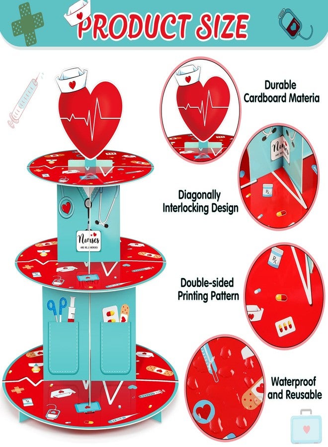 Nuenen Nurses Week Gifts 3 Tier Cupcake Stand Nurse Themed Graduation Party Decoration Medical Rn Cupcake Stand Party Supplies Holder Decoration for Doctors Nurses Day - Image 3