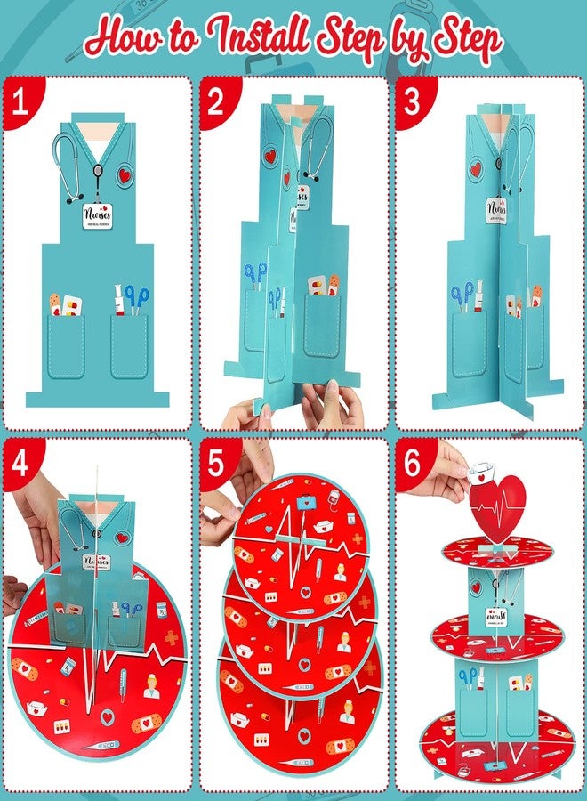 Nuenen Nurses Week Gifts 3 Tier Cupcake Stand Nurse Themed Graduation Party Decoration Medical Rn Cupcake Stand Party Supplies Holder Decoration for Doctors Nurses Day - Image 4