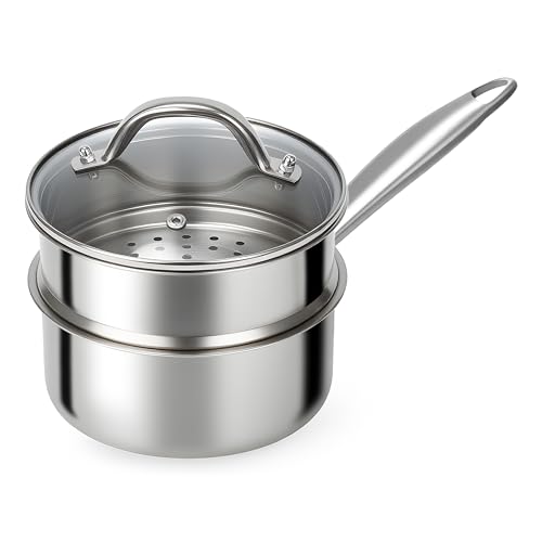 Ohtomber Stainless Steel Sauce Pan TriPly 15 Quarts Steamer for Cooking Small Cooking Pot with Steamer Basket Sauce Pan with Lid Non Stick Saucepan Induction Steam Pot for Vegetable Oatmeal