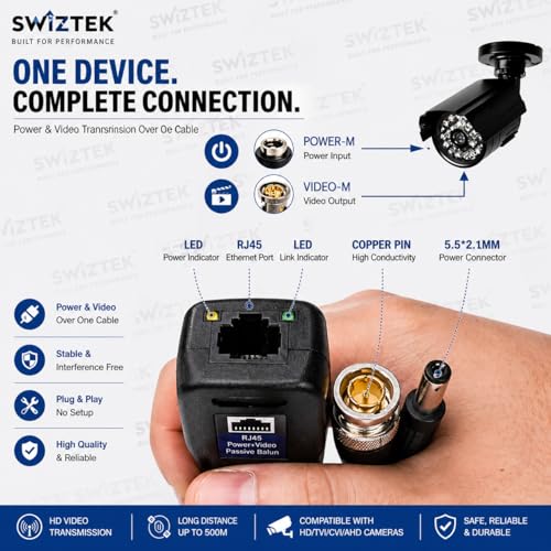 Swiztek 8MP Passive BNC to RJ45 Network Transceiver – HD Video Balun for CCTV Surveillance, BNC to Ethernet Adapter, Compatible with Cat5/Cat6 Cables - Image 3