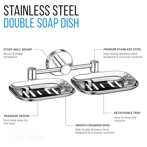 FERIO Stainless Steel Double soap Stand for Bathroom | soap Holder | soap Box for Bathroom | soap Cases for Bath Room | Chrome Finish (Pack of 1) - Image 2