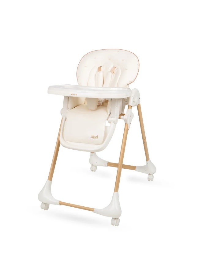 Jikel Tron,Baby Highchair,Compact,Stylish Seat Cover,Foldable,Adjustable Height and Backrest,4 Braked Wheels,for 6-36 months - Beige - Image 1
