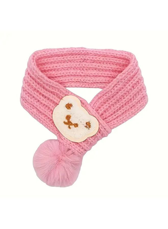 طوق وشاح الكلب الشتوي الدافئ، سترة دافئة للحيوانات الأليفة مع كرة بوم بوم ورباط وردي - Image 1