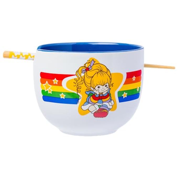 Silver Buffalo Rainbow Brite Ceramic Ramen Noodle Rice Bowl with Chopsticks, Microwave Safe, 20 Ounces