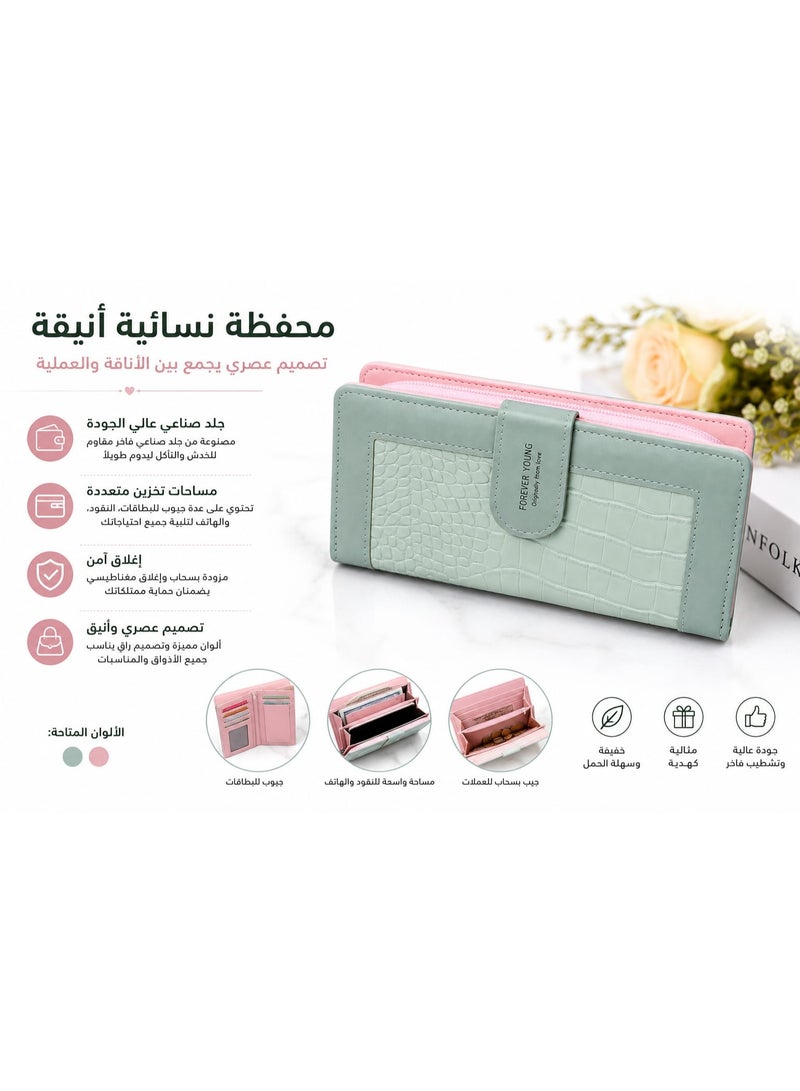 محفظة نسائية أنيقة بجلد صناعي عالي الجودة وسحاب مزدوج – تصميم عصري مبطن بسعة تخزين كبيرة للبطاقات والنقود، خفيفة الوزن للمثالية اليومية والسفر - Image 2