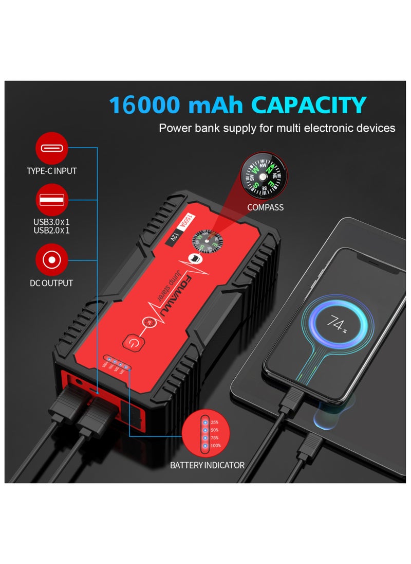 FOWAWU - FOWAWU 18000mAh 1500A Car Jump Starter,Jump Starter Battery Pack(7.0L Gas,5.5L Diesel),Battery Jumper Starter Portable with USB/DC 12V/LED Light, Car Battery Charger, Car Power Bank, Car Battery, Car Battery Starter, Car Jumper, Car Battery Charger Jump Starter, Jump Starter Capacitor, Battery Charger Car - Image 1