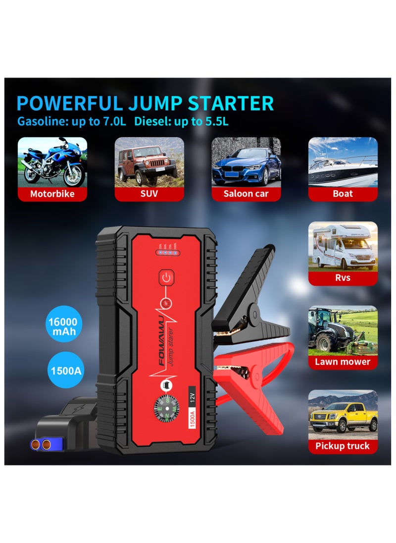 FOWAWU - FOWAWU 18000mAh 1500A Car Jump Starter,Jump Starter Battery Pack(7.0L Gas,5.5L Diesel),Battery Jumper Starter Portable with USB/DC 12V/LED Light, Car Battery Charger, Car Power Bank, Car Battery, Car Battery Starter, Car Jumper, Car Battery Charger Jump Starter, Jump Starter Capacitor, Battery Charger Car - Image 1