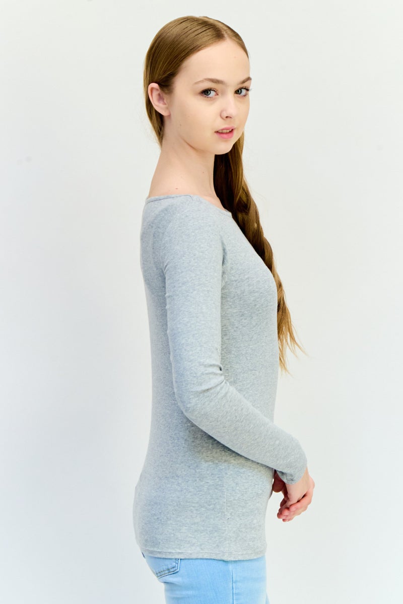 GAP Women Boat Neck Long Sleeve Brand Logo Top, Grey - Image 2