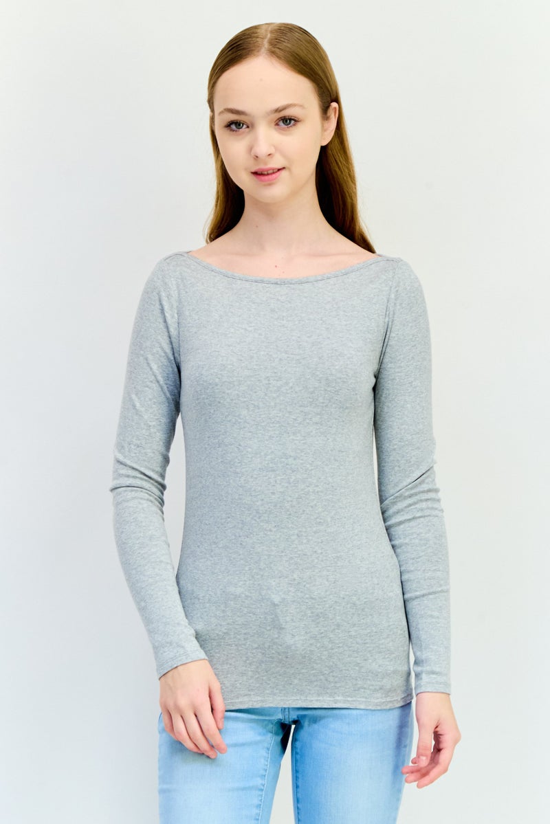 GAP Women Boat Neck Long Sleeve Brand Logo Top, Grey - Image 1