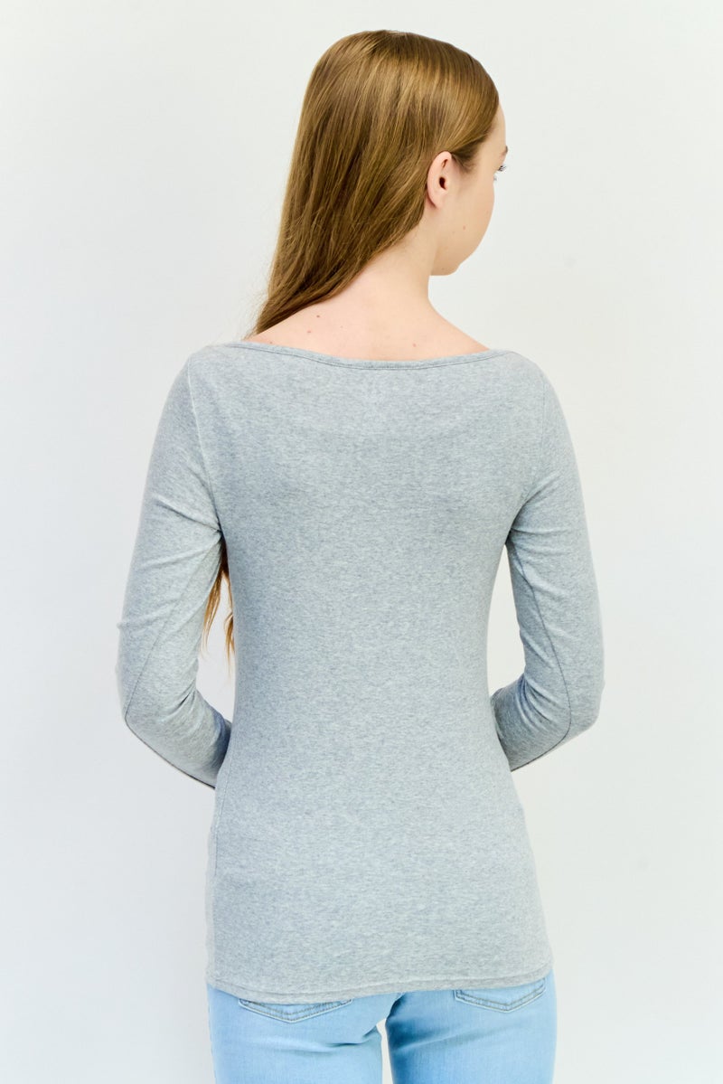 GAP Women Boat Neck Long Sleeve Brand Logo Top, Grey - Image 3