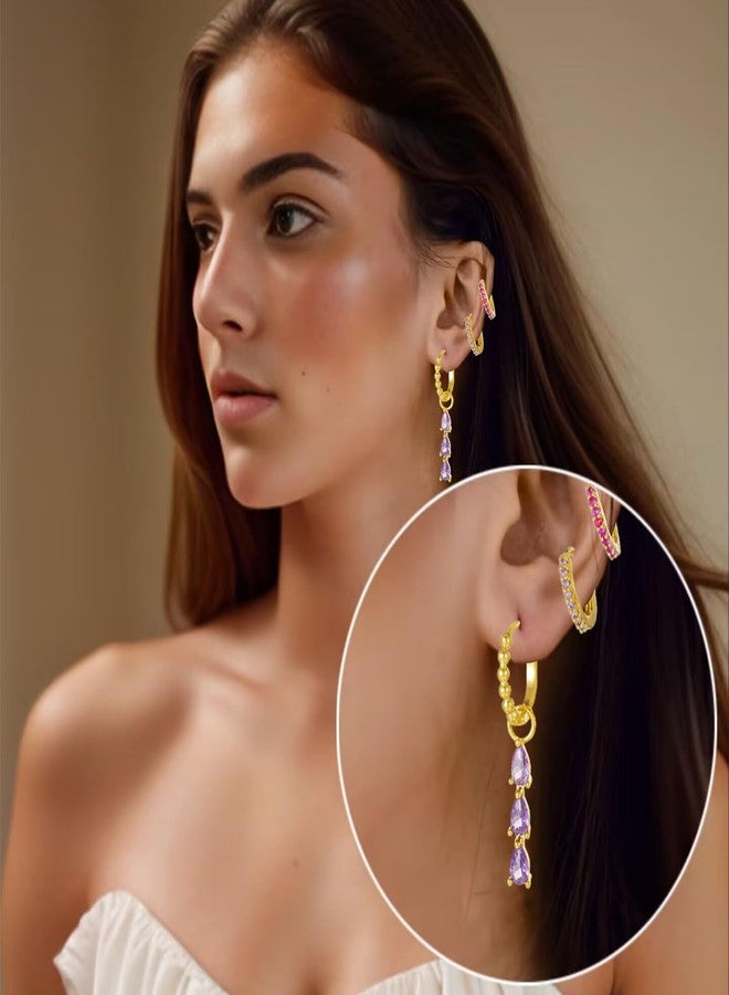 Courage Joy Kindness Zircon Hoop Earring Stacks Dainty Colorful Cubic Huggie Cartilage Stud Earring Sets Multiple Piercing for Woman 7 Pcs - Image 2