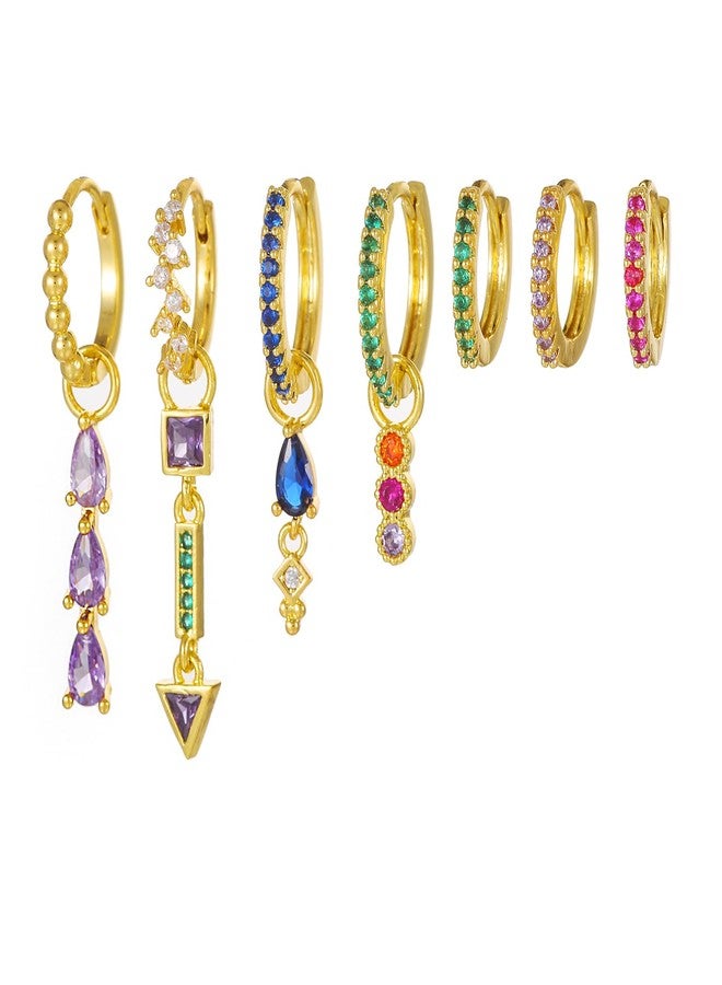Courage Joy Kindness Zircon Hoop Earring Stacks Dainty Colorful Cubic Huggie Cartilage Stud Earring Sets Multiple Piercing for Woman 7 Pcs - Image 1
