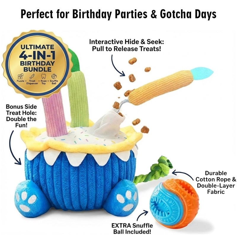 4-in-1 Dog Birthday Cake Toy, Interactive Snuffle Puzzle, Funny Dog Toysâ€”Plush Squeaky Treat Dispenser with Cotton Rope, Hide ï¼† Seek Enrichment Toy for Small/Medium/Large Dogs, Gotcha Day Party Gift - Image 2