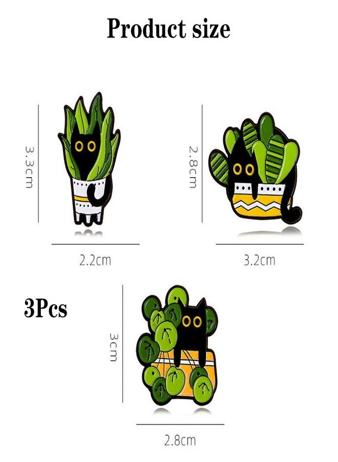 FFZDENA 3Pcs Enamel Pins, Cute Black Cat Brooch Pin for Women, Safety Pin for Saree Pleats & Hijab Scarf, Fashion Accessories for Daily & Gifting, Green Cartoon Plant Pins - Image 2