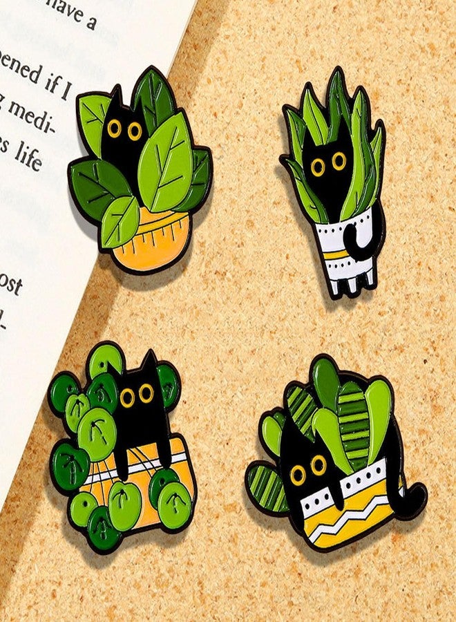 FFZDENA 3Pcs Enamel Pins, Cute Black Cat Brooch Pin for Women, Safety Pin for Saree Pleats & Hijab Scarf, Fashion Accessories for Daily & Gifting, Green Cartoon Plant Pins - Image 3