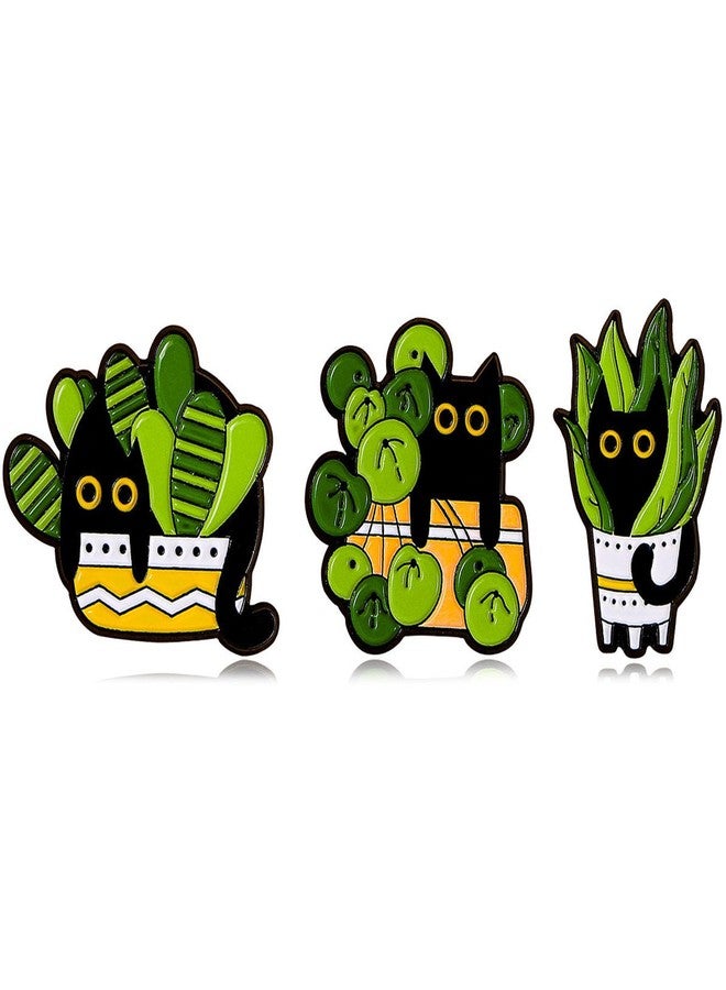 FFZDENA 3Pcs Enamel Pins, Cute Black Cat Brooch Pin for Women, Safety Pin for Saree Pleats & Hijab Scarf, Fashion Accessories for Daily & Gifting, Green Cartoon Plant Pins - Image 1