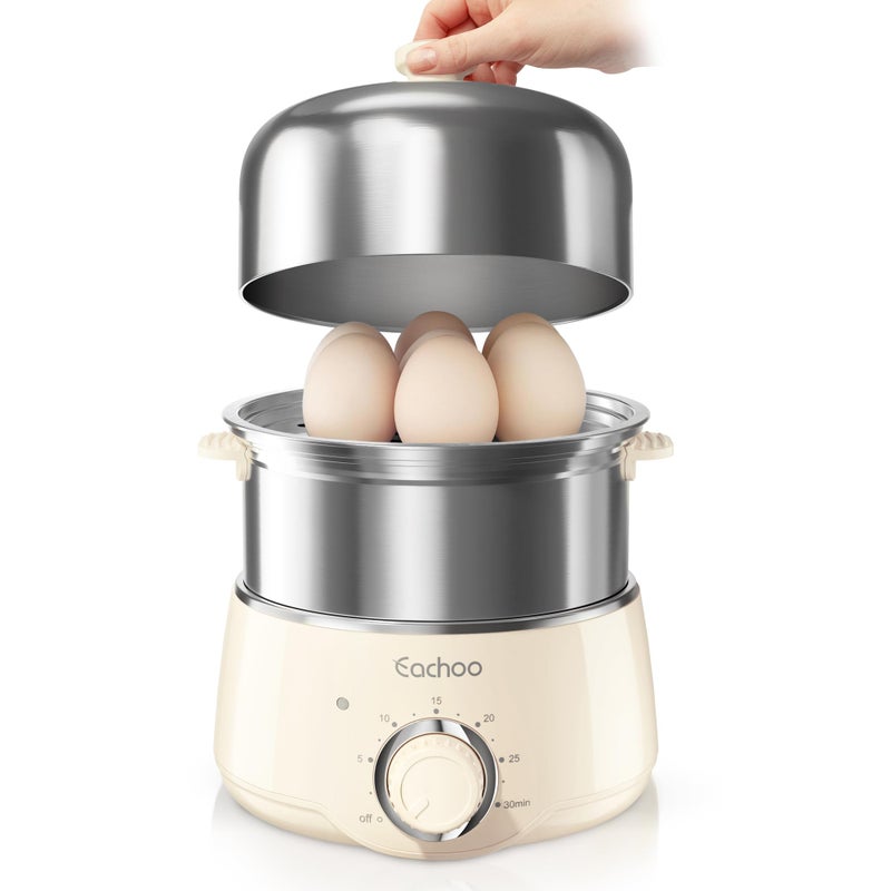 Hard Boiled Egg Cooker CACHOO 14Egg Rapid Stainless Steel Egg Boiler with 30Min Timer Auto Shut Off Compact Electric Vegetable Steamer for Cooking Dishwasher Safe Beige
