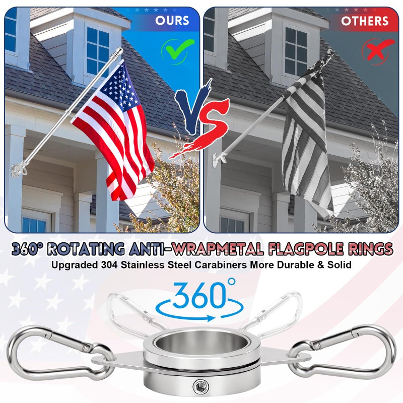 REERON Flag Pole for House, REERON 6 FT Stainless Steel Spinning Flagpole Kit, 1" Rustproof Porch Flagpole with 360Â° Tangle Free Metal Flagpole Ring for Residential Outdoor Sport for 3x5 Flag, Without Holder - Image 3