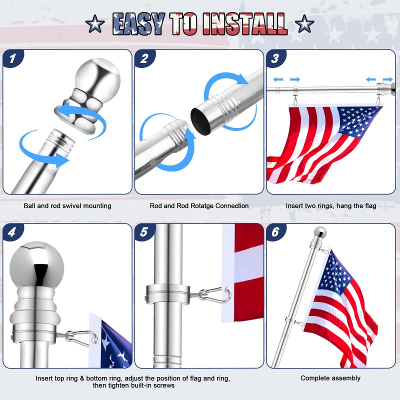 REERON Flag Pole for House, REERON 6 FT Stainless Steel Spinning Flagpole Kit, 1" Rustproof Porch Flagpole with 360Â° Tangle Free Metal Flagpole Ring for Residential Outdoor Sport for 3x5 Flag, Without Holder - Image 5