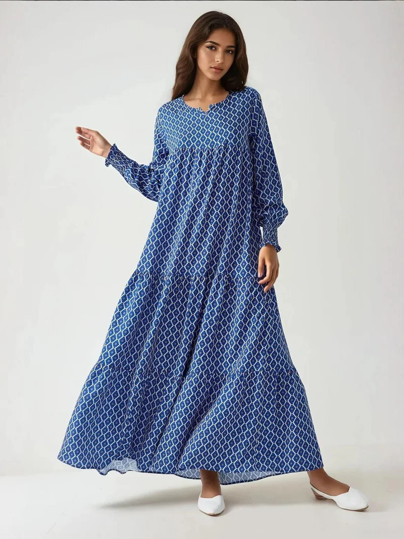 زوبعة فستان ماكسي بياقة دائرية مطبوع من الفيسكوز