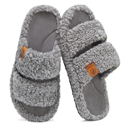 EverFoams Womens Fuzzy Open-toe Slippers Soft Comfy Memory Foam Indoor House Shoes Cool Gray,11-12 US - Image 1
