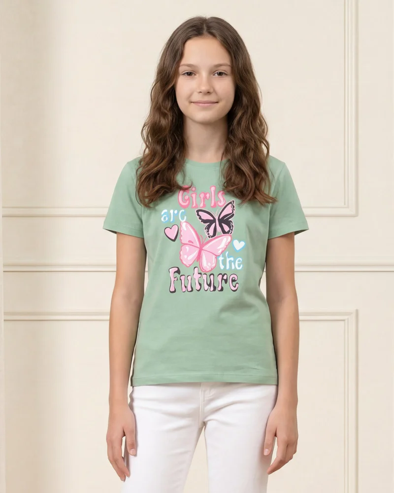 Redtag Senior Girls Green Placement Print Short Sleeve T-Shirt