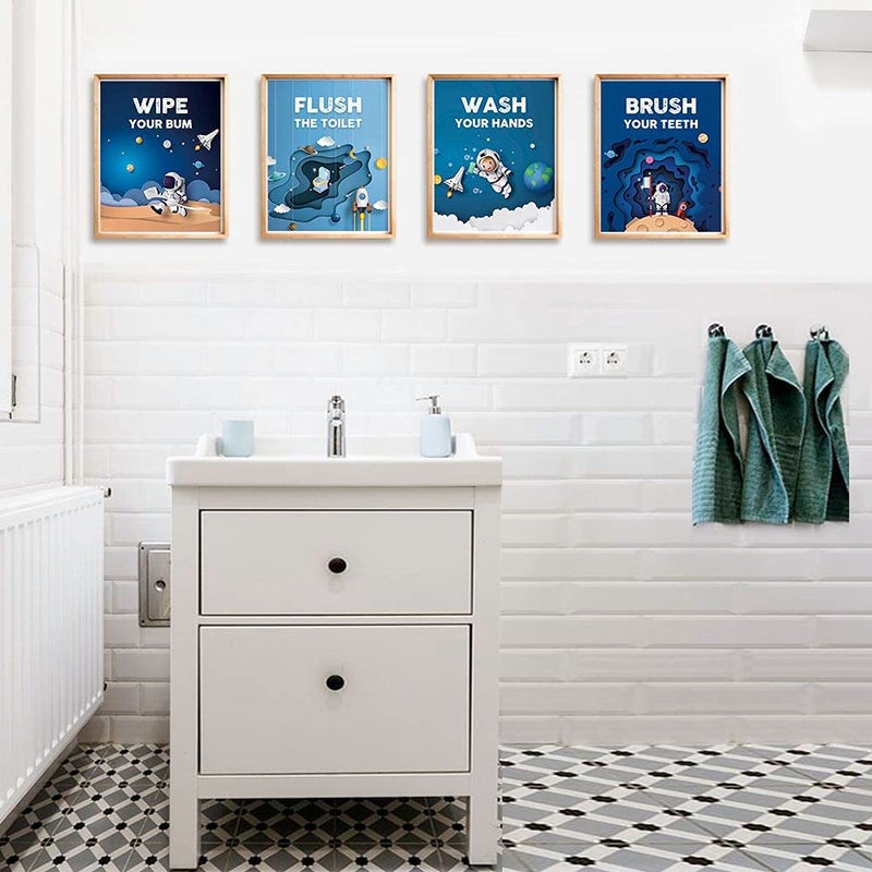 FALJIOK Funny Outer Space Planet Bathroom Wall Art Prints Decor  Inspirational Art Brush Wash Brush Bathroom Nursery Gift for Kids Son Brother Grandson Set of 4 (8 X10 ) Unframed - Image 4