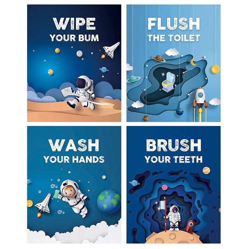 FALJIOK Funny Outer Space Planet Bathroom Wall Art Prints Decor  Inspirational Art Brush Wash Brush Bathroom Nursery Gift for Kids Son Brother Grandson Set of 4 (8 X10 ) Unframed - Image 1