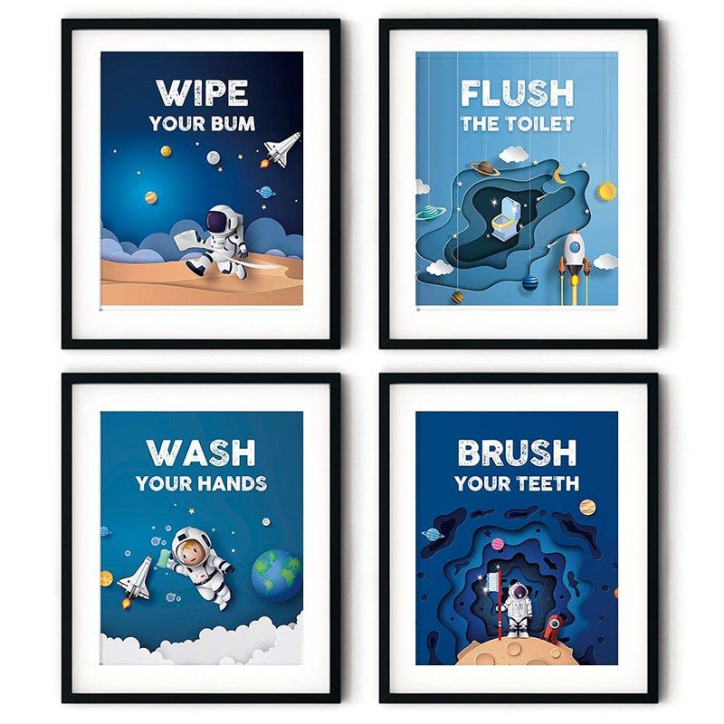 FALJIOK Funny Outer Space Planet Bathroom Wall Art Prints Decor  Inspirational Art Brush Wash Brush Bathroom Nursery Gift for Kids Son Brother Grandson Set of 4 (8 X10 ) Unframed - Image 2