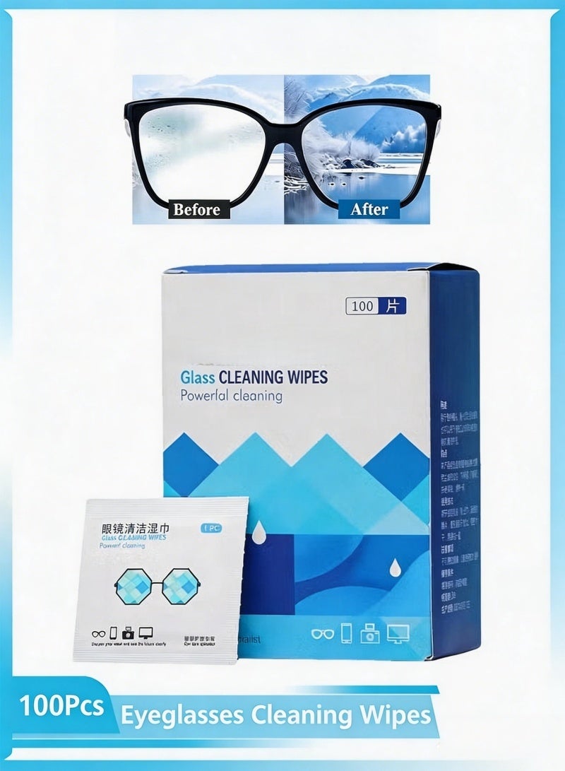 Eyeglasses Wipes 100, Multi-Purpose Lens Cleaning Wipes, Anti Fog Wipes for Glasses,Extra Thick, Pre-Moistened and Quick Drying, Lndividually Wrapped, For All Types of Eyeglasses and Electronic Screens Remove Dust Degrease Trace Free - Image 1