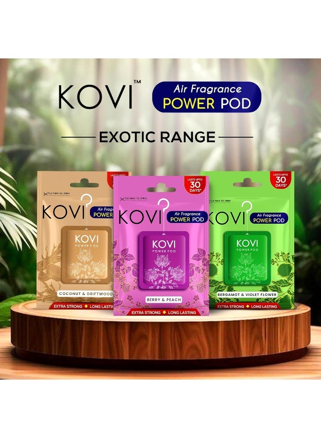 Kovi بود عطر الهواء باور للحمام والسيارة، توت وخوخ، برغموت وزهرة البنفسج، خشب جوز الهند، معززة بالزيوت الأساسية، روائح تدوم طويلاً، مجموعة غريبة، عبوة من 3 (10 جرام لكل منها) - Image 3