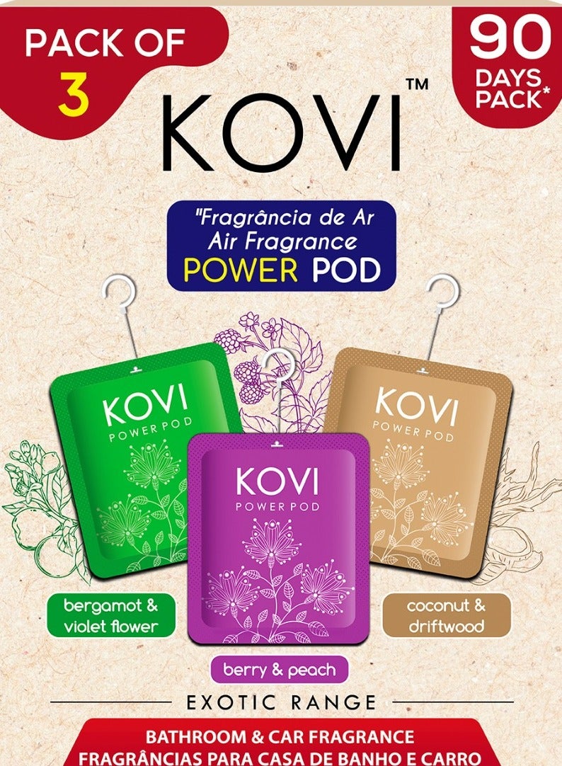 Kovi بود عطر الهواء باور للحمام والسيارة، توت وخوخ، برغموت وزهرة البنفسج، خشب جوز الهند، معززة بالزيوت الأساسية، روائح تدوم طويلاً، مجموعة غريبة، عبوة من 3 (10 جرام لكل منها) - Image 1