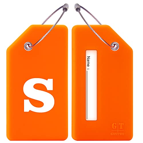 Gostwo 2 Pack Silicone Luggage Tags for Suitcases, 26 Initial Letter Baggage Labels Handbag School Bag Suitcase Instrument Tag with Stainless Steel Loop(Orange)(Letter S) - Image 2
