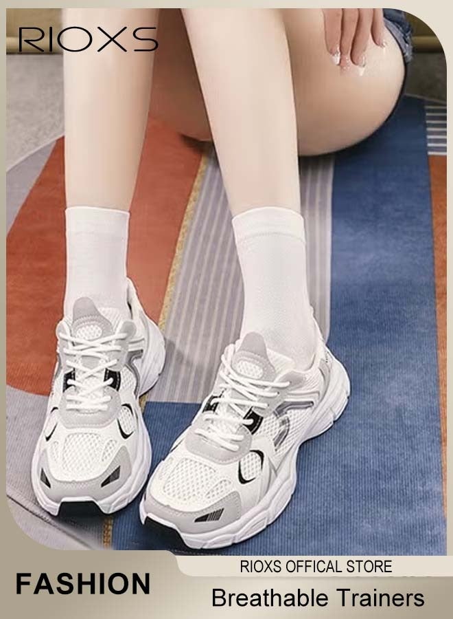 RIOXS Women's Chunky Sneakers, Lightweight Breathable Mesh Athletic Shoes for Ladies, Fashion Casual Sports Shoes, Classic Lace Up Ant-slip Trainers, Tennis Shoes, Walking Shoes for Running Jogging, Walking, Workout, Hiking and More - Image 1