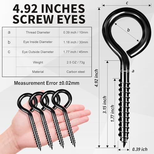 ZAUGONTW 5 Inch Eye Hooks, Large Eye Bolts Screw in Hooks Carbon Steel, 4 Pcs Heavy Duty Black Large Screw Eye Hooks for Wood Securing Cables Wire, Heavy-Duty Applications - Image 2