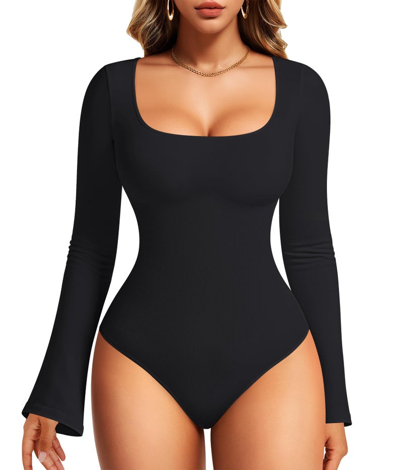 Nebility Black Long Sleeve Bodysuits for Women Tummy Control Shapewear Square Neck Body Suits Bell Sleeves(X-Large,Black) - Image 1