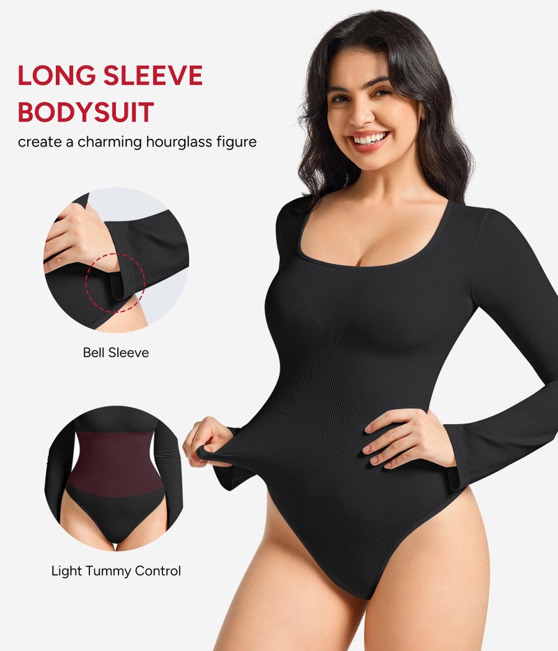 Nebility Black Long Sleeve Bodysuits for Women Tummy Control Shapewear Square Neck Body Suits Bell Sleeves(X-Large,Black) - Image 2