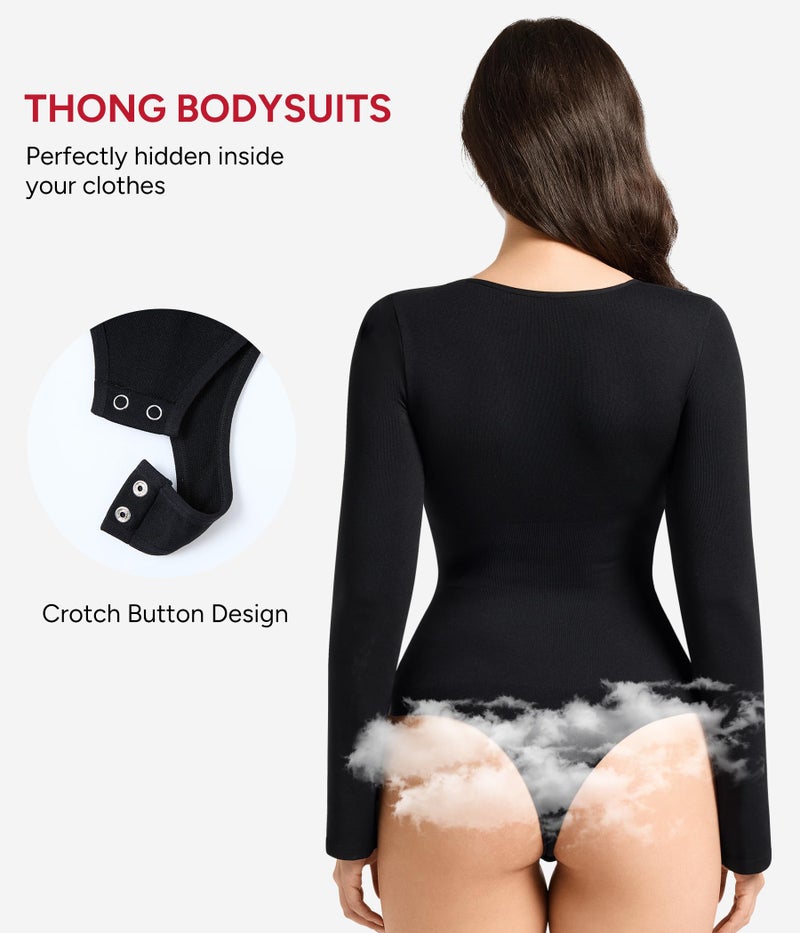Nebility Black Long Sleeve Bodysuits for Women Tummy Control Shapewear Square Neck Body Suits Bell Sleeves(X-Large,Black) - Image 3