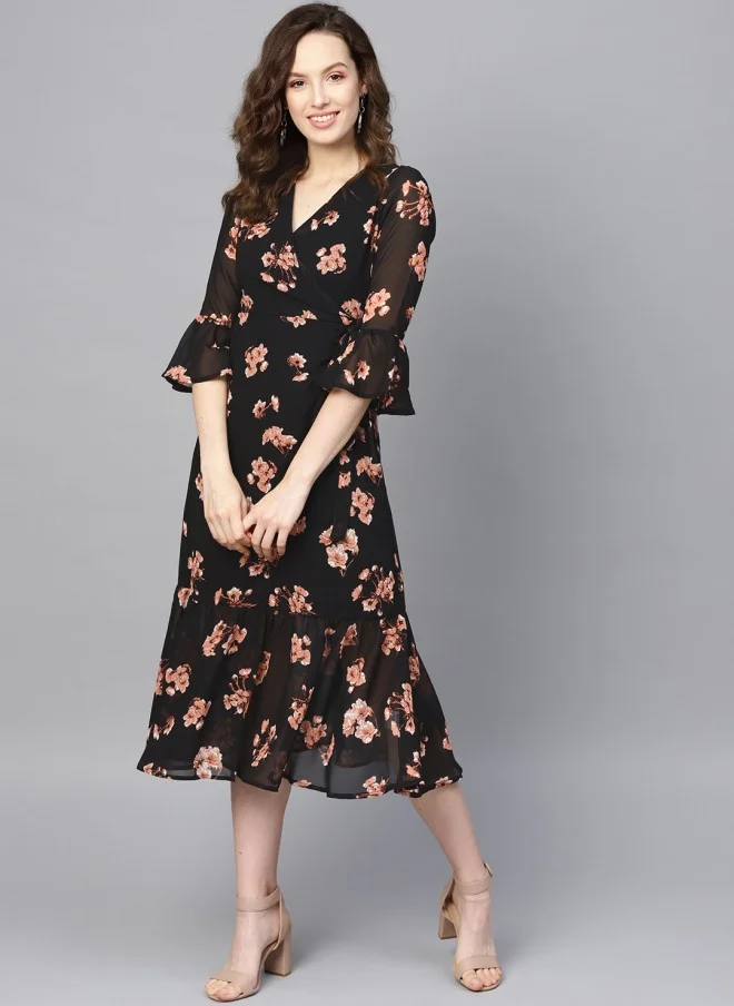 SASSAFRAS Floral Printed Wrap Dress for Women