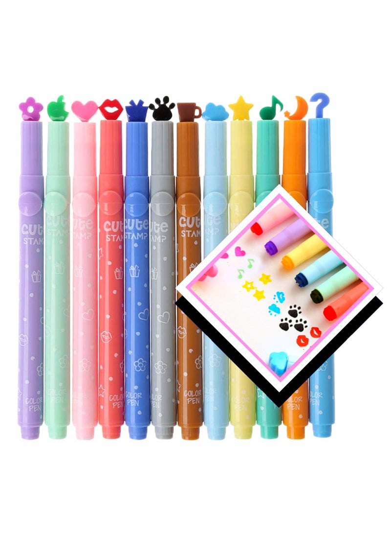 KASTWAVE 12-Pack Cute Candy Color Highlighters with Mini Stamper Tips for Coloring, Drawing, Illustrating, Journaling and Art Crafts, Creative School Classroom Self-Inking Stationery for Kids - Image 1