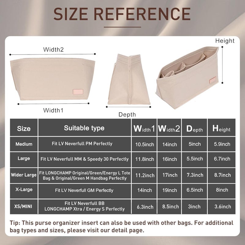 Doxo Purse Organizer Insert Handbag & Tote Felt Bag Fit Neverfull GM & Base Shaper 2pc Set(X-Large, Beige Bag+Beige Base Shape) - Image 2